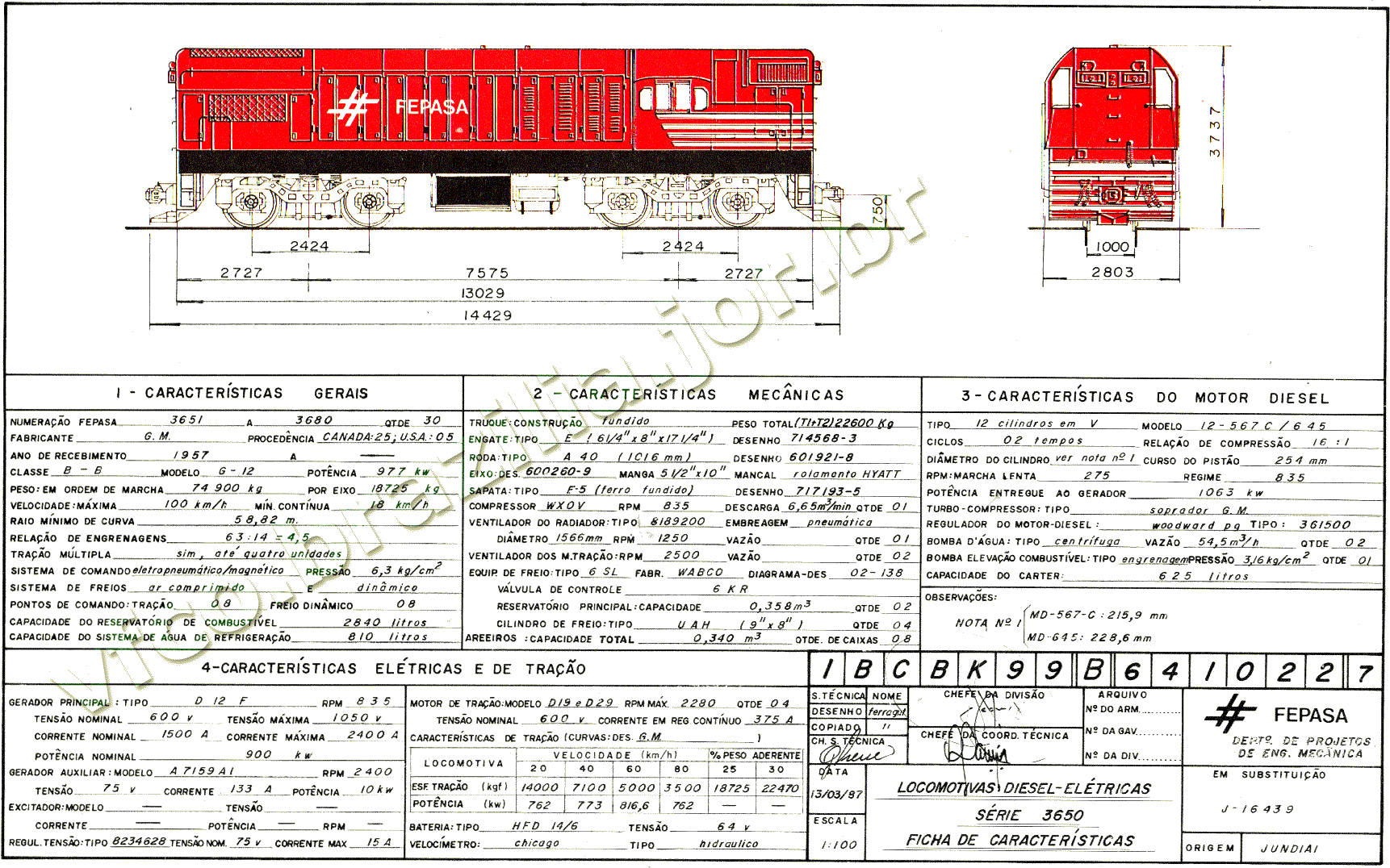 Desenho, medidas e características da Locomotiva G12 nº 3651 a 3680 Fepasa - Ferrovias Paulistas