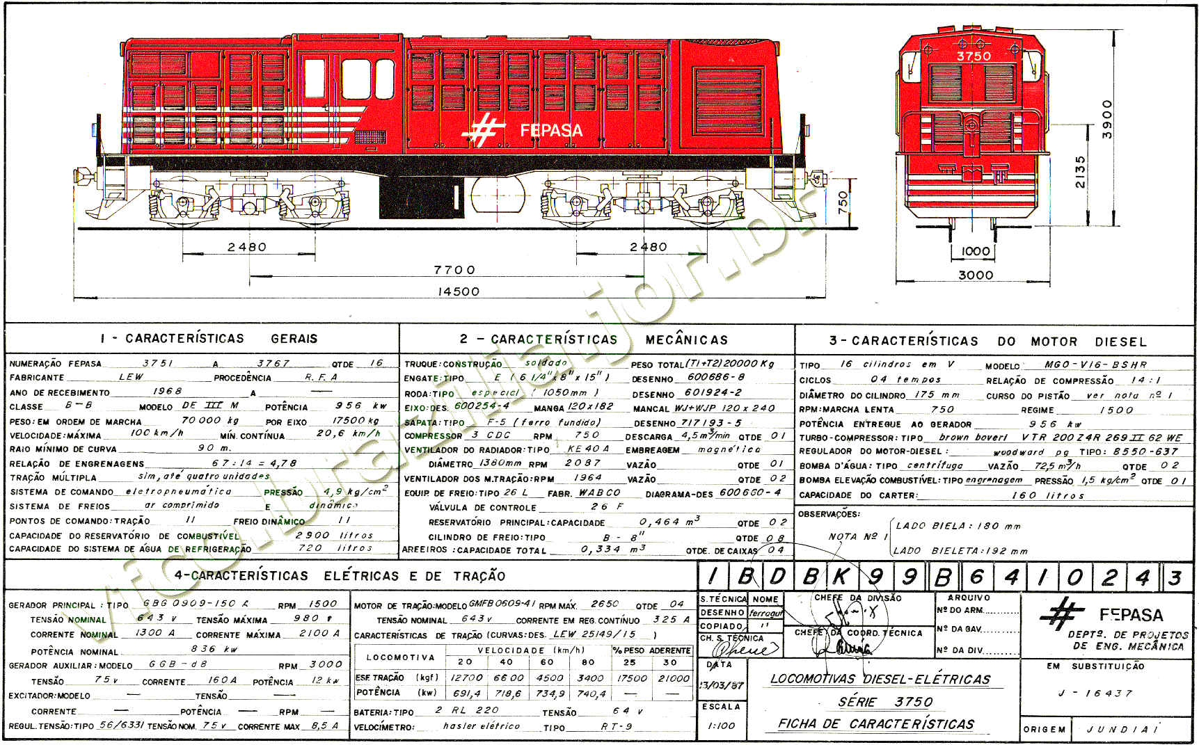 Desenho, medidas e características da Locomotiva LEW DE-III-M nº 3751 a 3767 Fepasa - Ferrovias Paulistas
