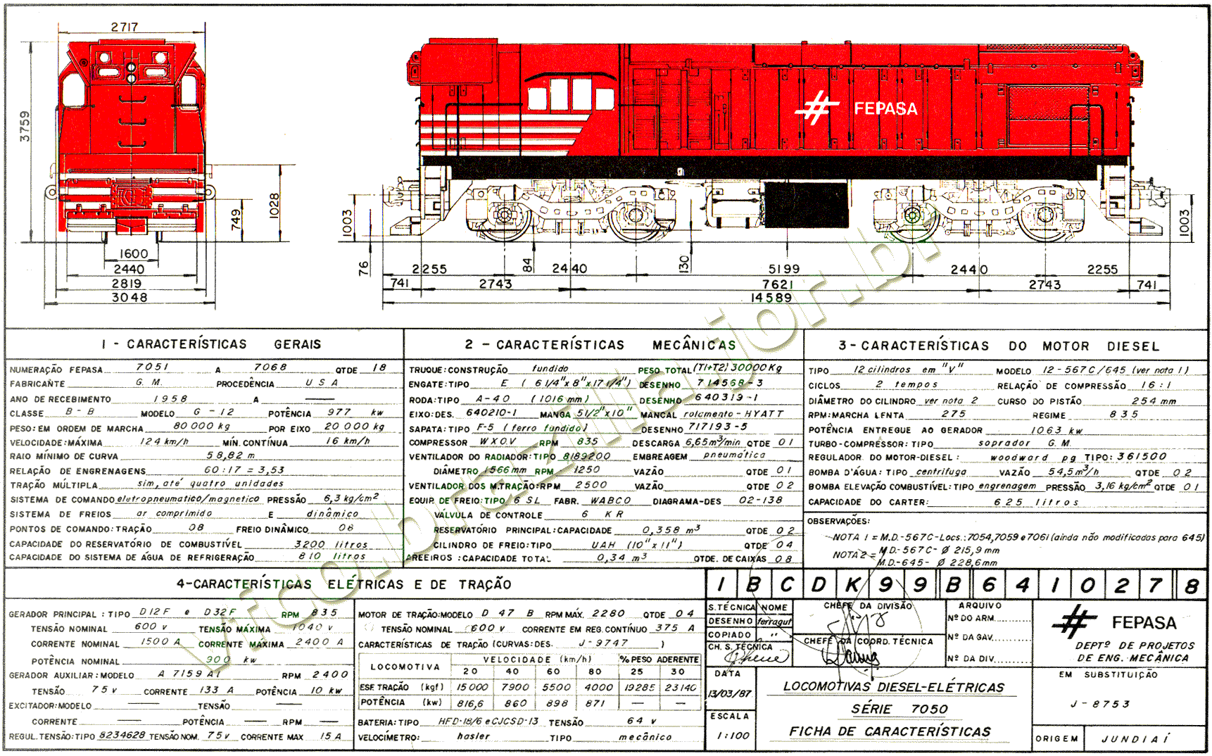 Desenho, medidas e características das locomotivas G12 "Cabeça de Saúva" nº 7051 a 7068 da Fepasa - Ferrovias Paulistas
