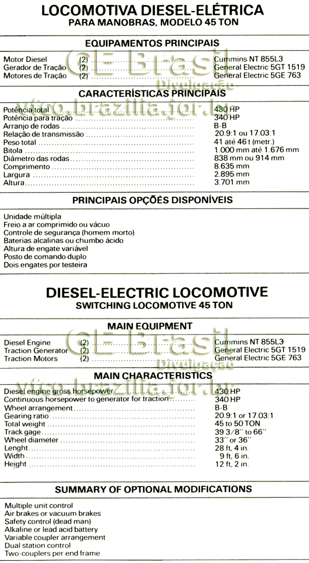 Características das locomotivas GE 45 toneladas
