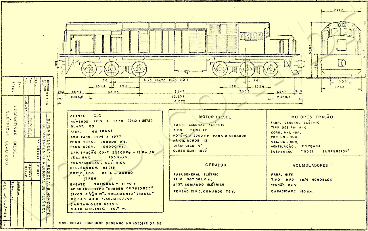 Planta com o desenho, medidas e características técnicas das locomotivas GE-USA U20C da SR2 RFFSA - Rede Ferroviária Federal