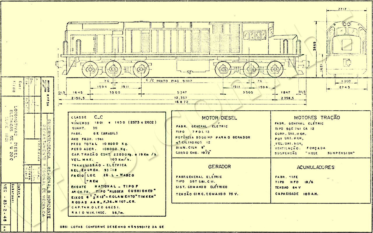 Planta das locomotivas GE-Brasil U20DC 1801 a 1830 SR2 RFFSA - desenho, medidas e características técnicas