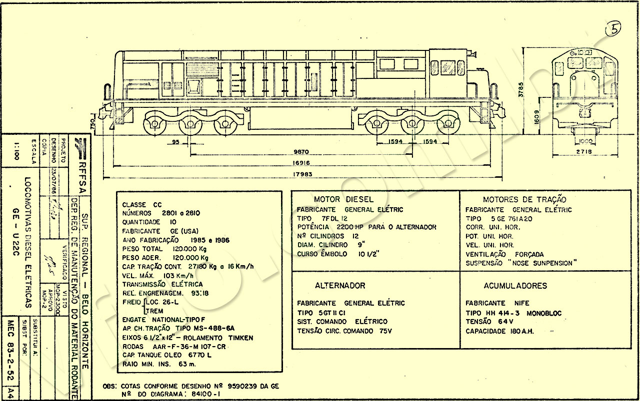 Desenho e dimensões da locomotiva U22C da SR-2 RFFSA -  Rede Ferroviária Federal