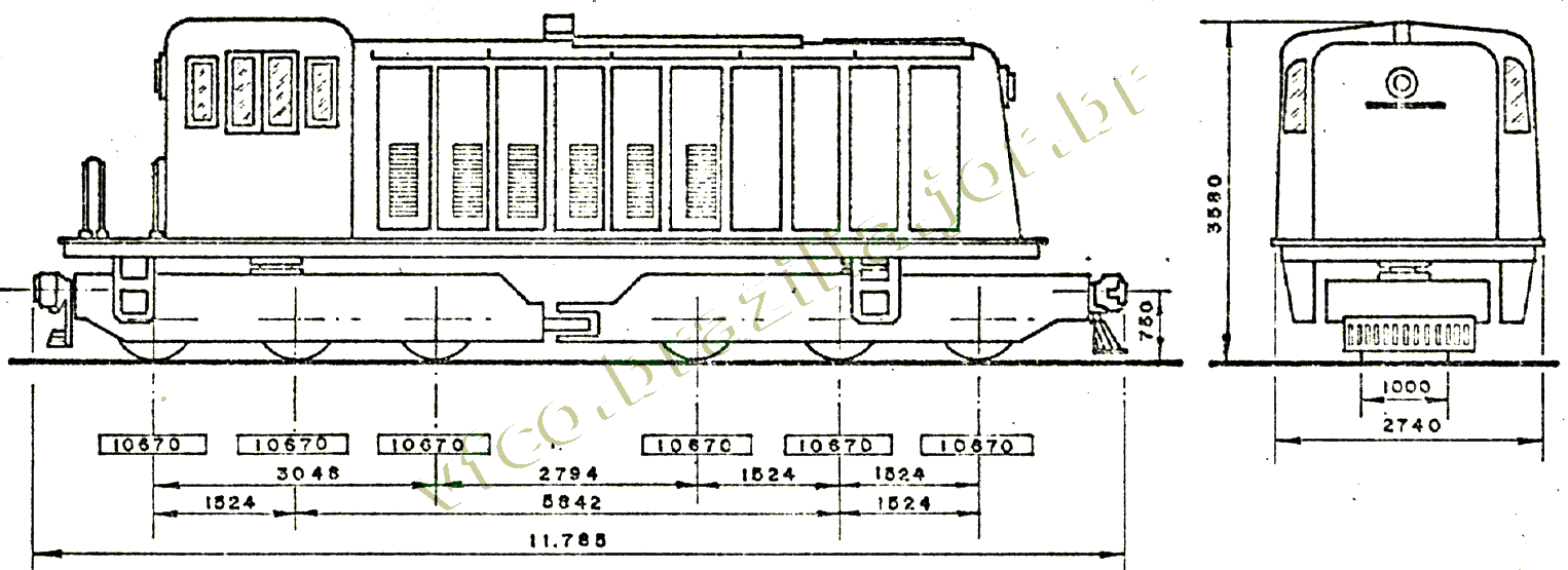 Desenho e medidas da Locomotiva diesel-elétrica GE 64 toneladas motor Cooper Bessemer