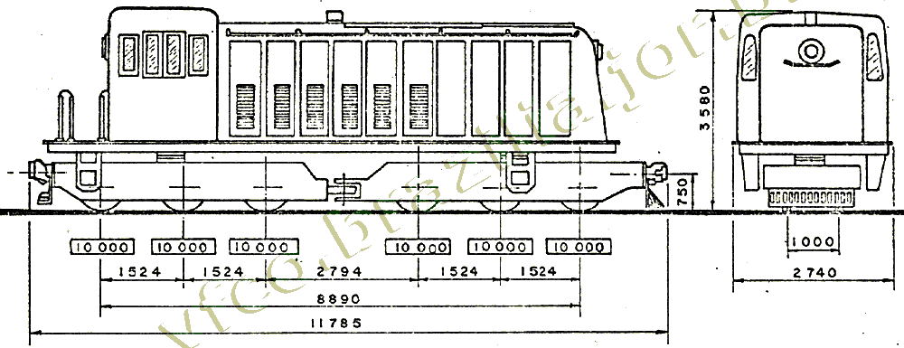 Desenho e medidas da Locomotiva diesel-elétrica GE 64 toneladas motor Caterpillar