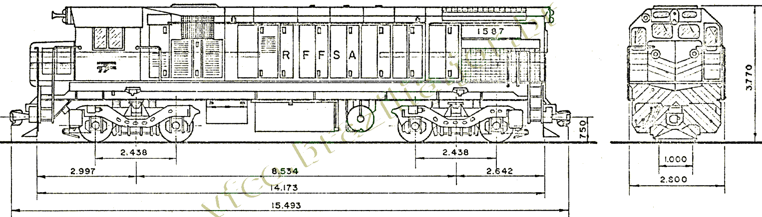 Desenho e medidas da Locomotiva diesel-elétrica G22U números 1587 a 1630