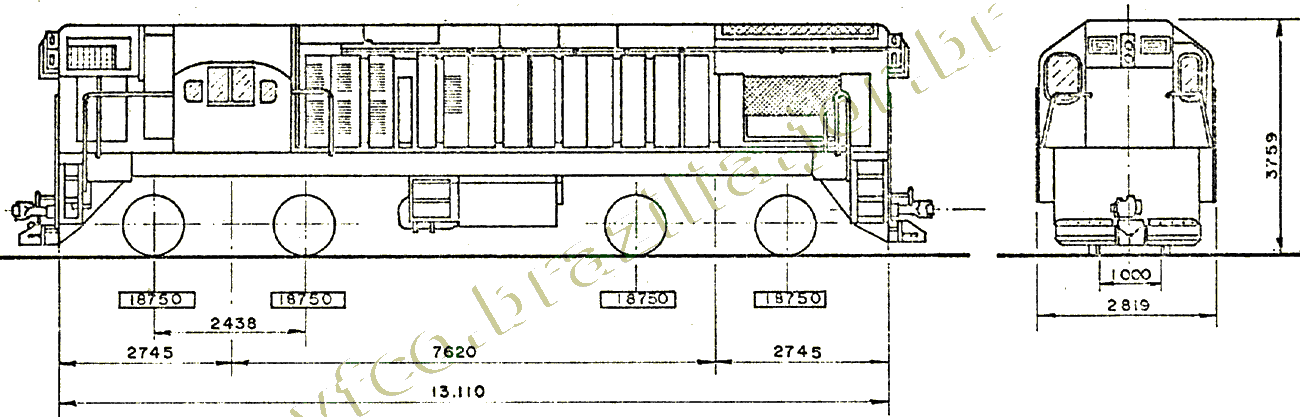 Desenho e medidas da Locomotiva diesel-elétrica G-12 nº 1351 a 1375