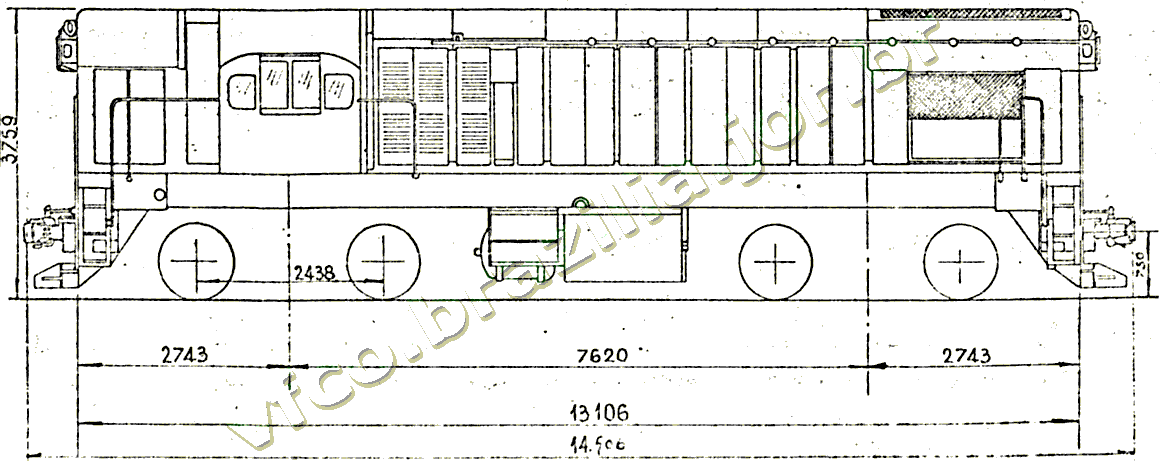 Desenho e medidas da Locomotiva diesel-elétrica G-12 nº 1301 a 1341