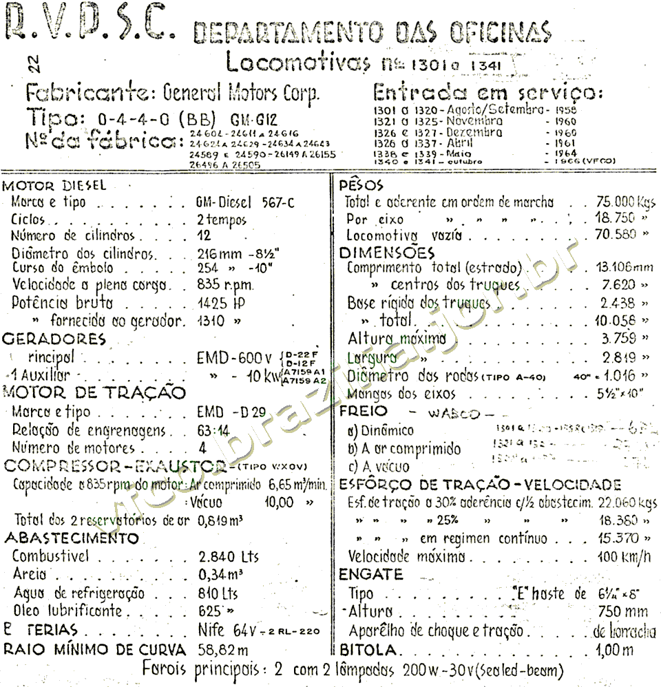 Características técnicas da Locomotiva diesel-elétrica G-12 nº 1301 a 1341