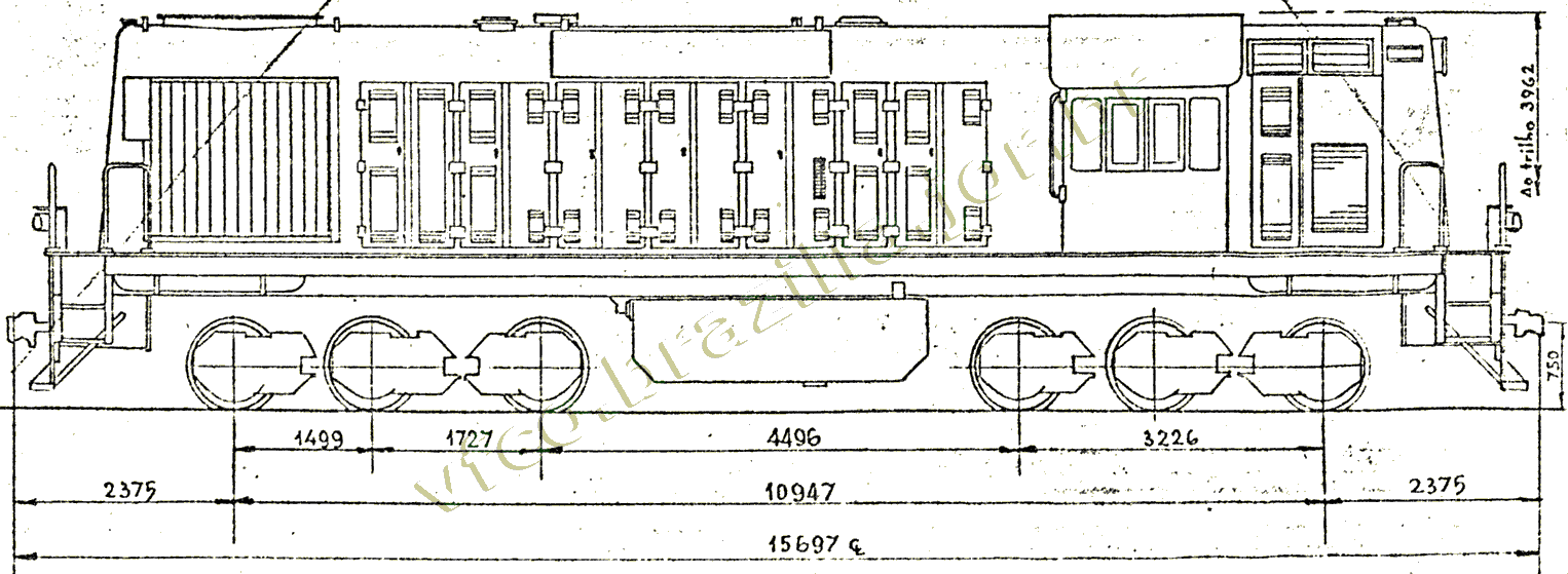 Desenho e medidas da locomotiva GE 244