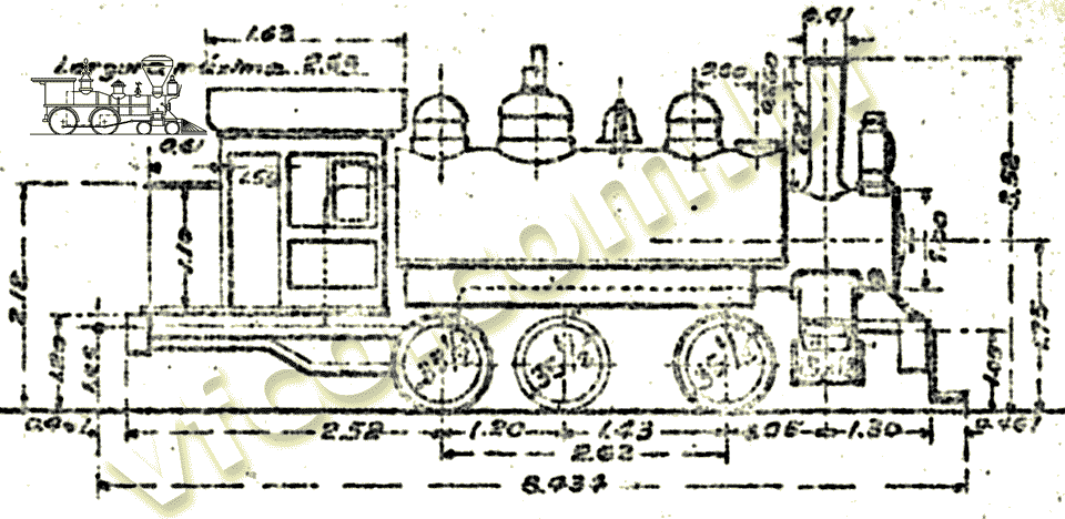 Desenho e medidas das locomotivas manobreiras a vapor 0-6-0 Baldwin, nº 5 a 8 da EFCB - Estrada de Ferro Central do Brasil