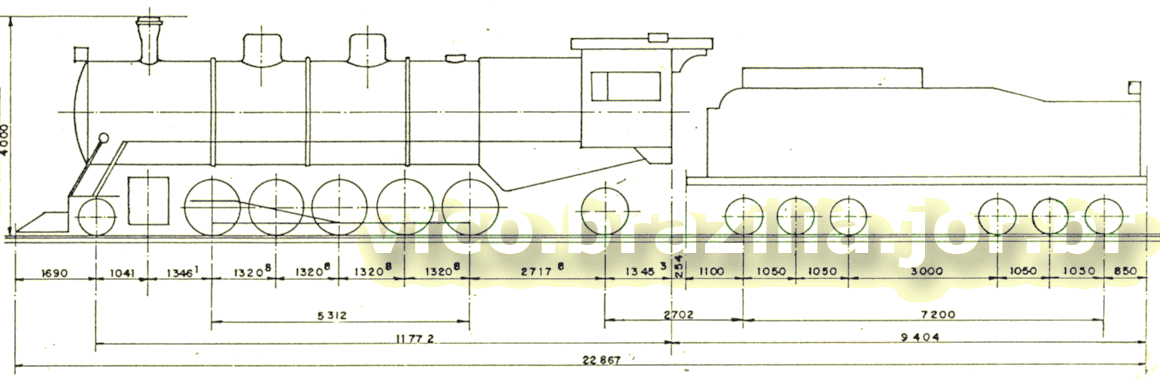 Desenho (planta) e medidas (dimensões) das locomotivas a vapor Henschel tipo 2-10-2 Santa Fé da Estrada de Ferro Teresa Cristina