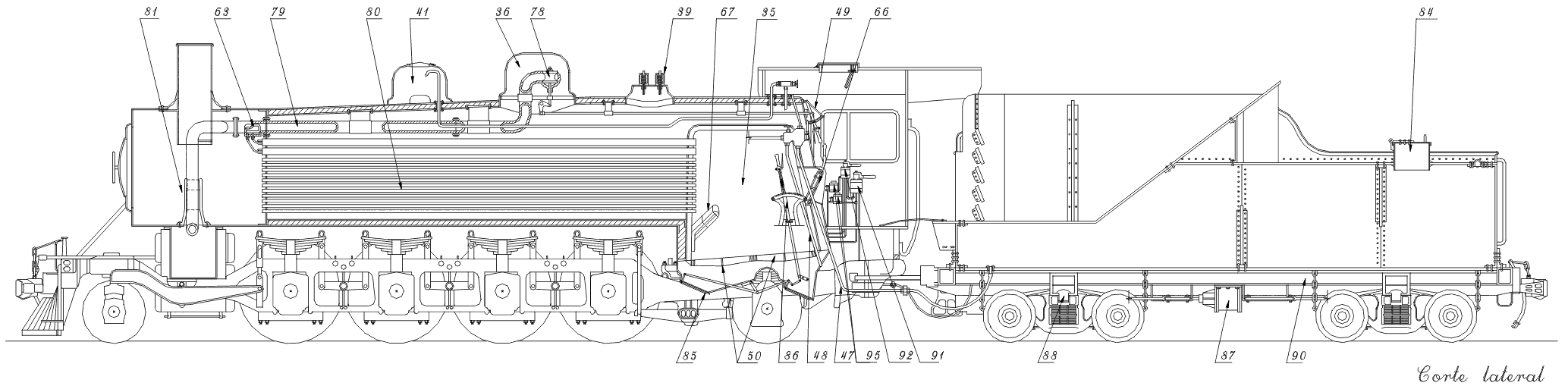Vista em corte lateral com indicação nuerada das partes internas da locomotiva