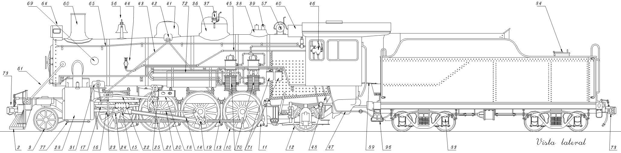 Desenho em perfil de uma locomotiva a vapor tipo Mikado, com indicação numerada das partes que a compõem