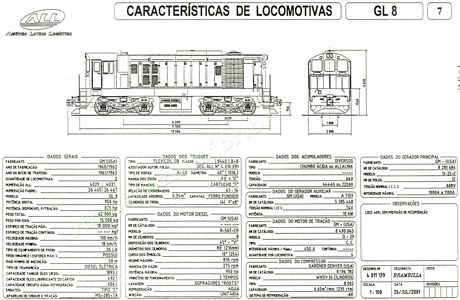 Planta e especificações das Locomotivas GL8 nº 4029-4031 da ferrovia ALL