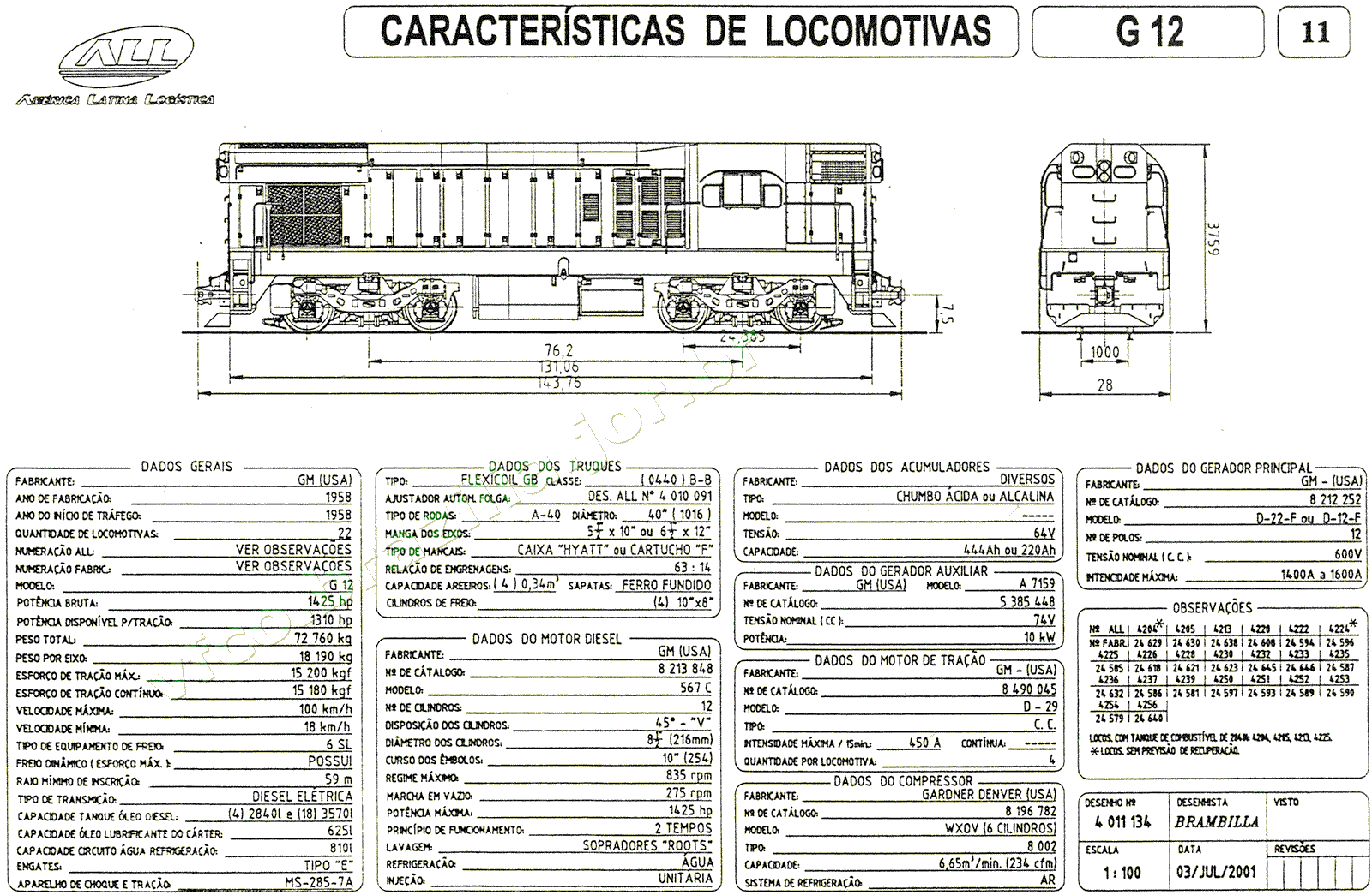 Planta e especificações das Locomotivas G12 nº 4204-4256 da ferrovia ALL