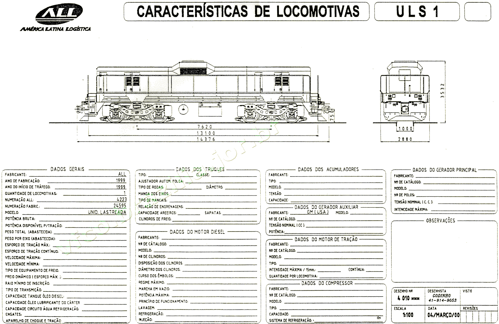 Desenho, dimensões e características da Locomotiva "slug" ULS1 da ferrovia ALL