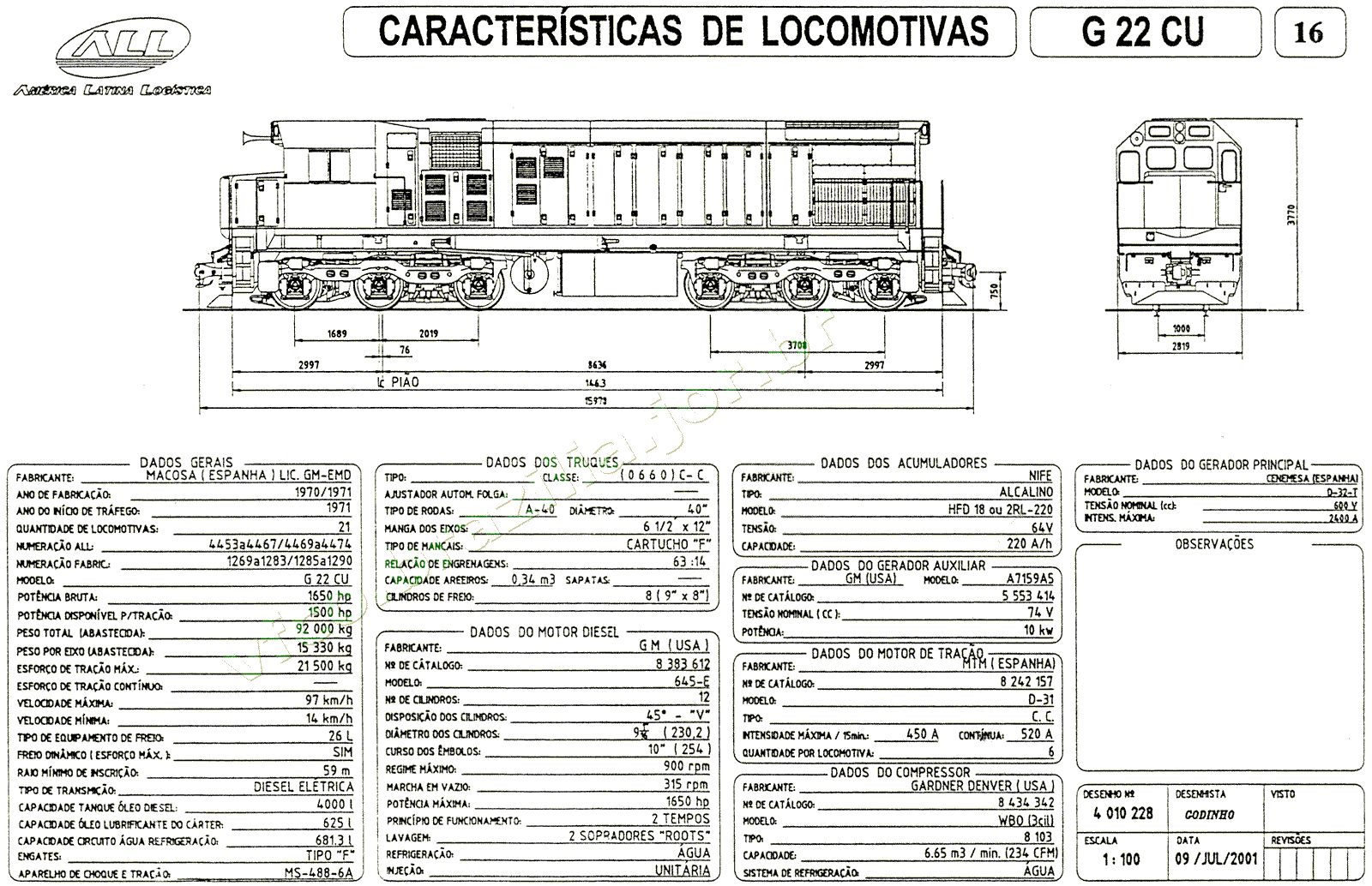 Desenho e especificações da Locomotiva G22CU nº 4453-4474 da ferrovia ALL