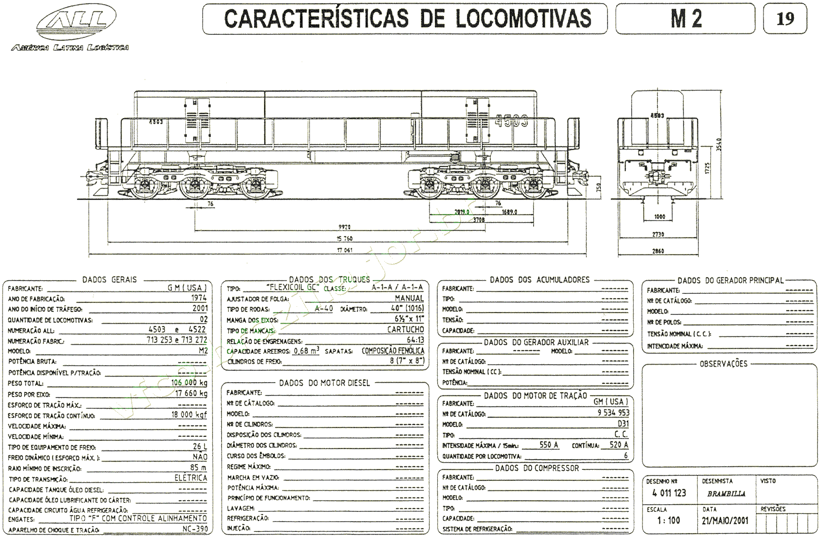 Desenho, medidas e especificações da Locomotiva "slug" M2 da ferrovia ALL
