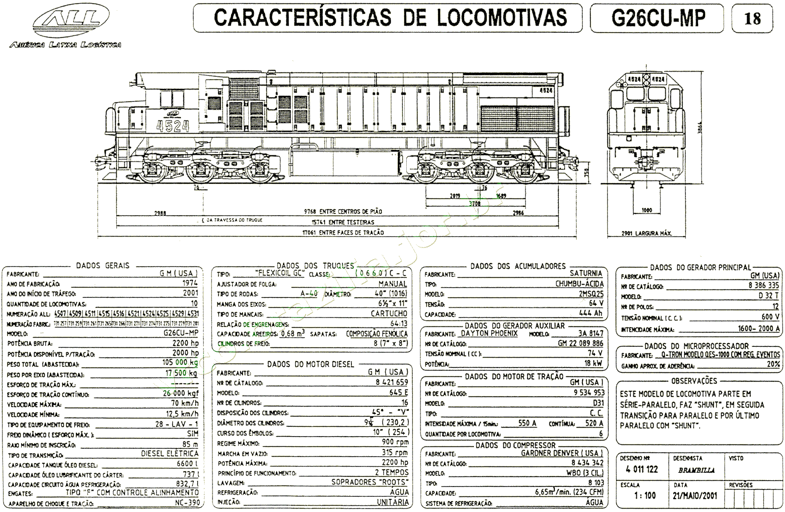 Desenho, medidas e características da Locomotiva G26CU-MP da ferrovia ALL