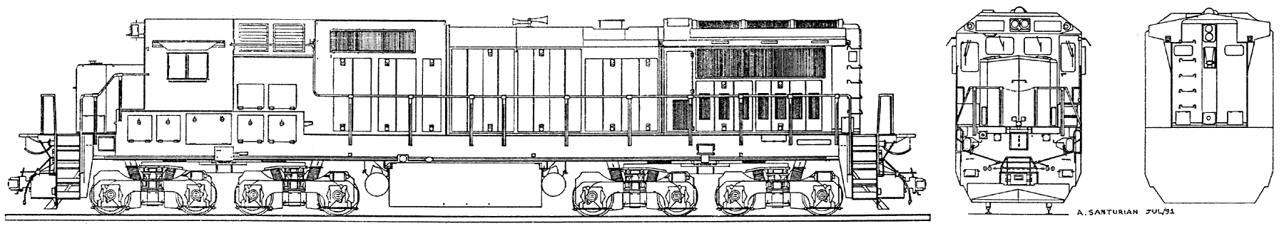 Desenho em vista lateral da locomotiva Dash-8 da Estrada de Ferro Vitória a Minas