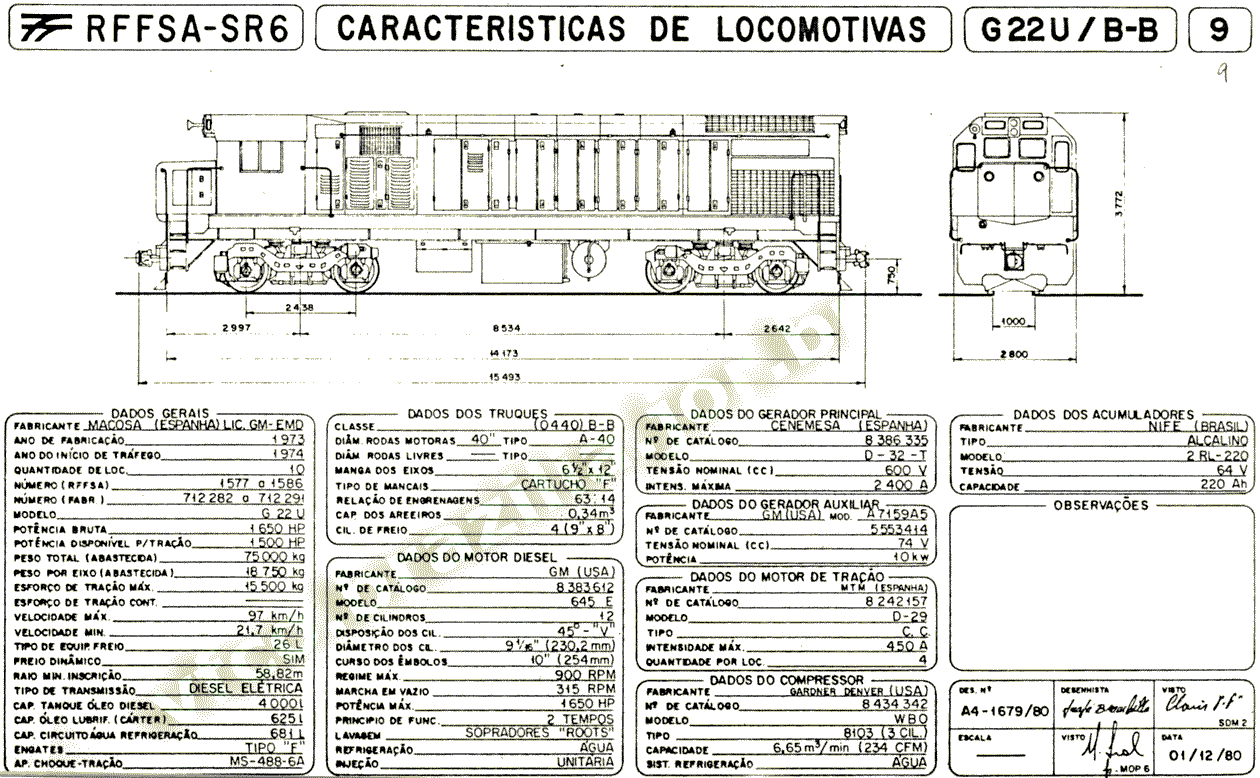 Dimensões e características das Locomotivas G22U da SR-6 - RFFSA - Rede Ferroviária Federal