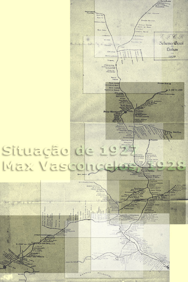 Mapa esquemático dos trilhos e estações da Estrada de Ferro Central do Brasil em 1928, com links para cada trecho da ferrovia