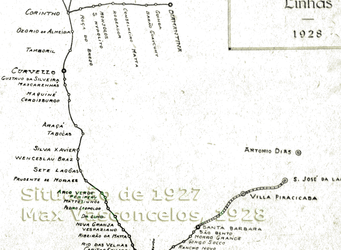 Mapa esquemático das estações da Estrada de Ferro Central do Brasil de Vespasiano a Diamantina e trechos ferroviários próximos, em 1927