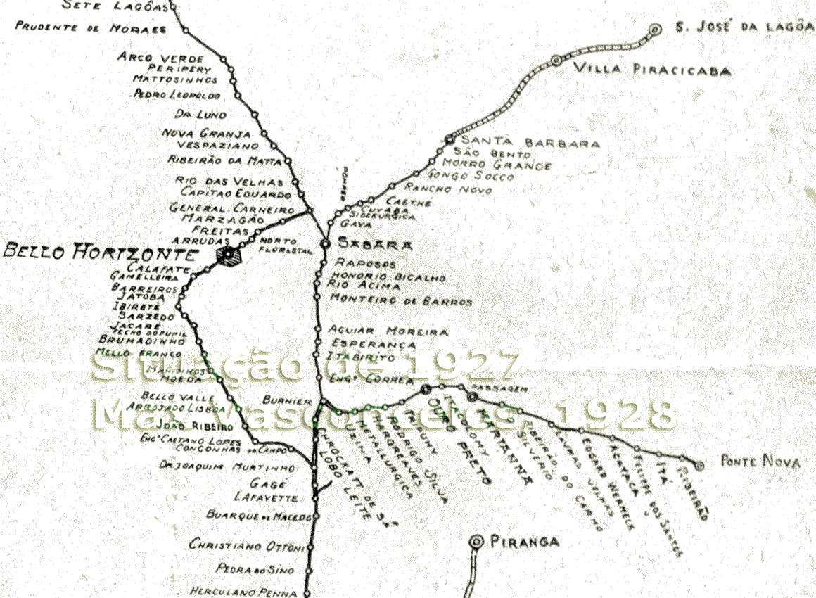 Mapa esquemático das estações da Estrada de Ferro Central do Brasil na região de Belo Horizonte e trechos ferroviários mais próximos