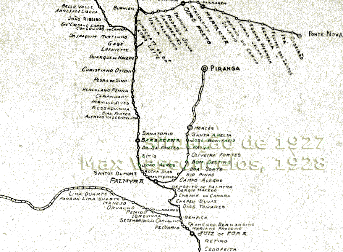 Mapa esquemático das Estações da Estrada de Ferro Central do Brasil em 1927, de Juiz de Fora a Burnier e trechos ferroviários próximos