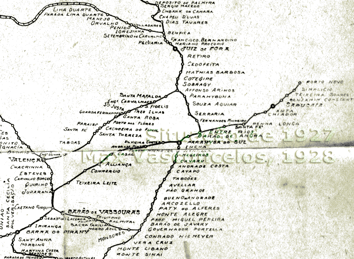 Mapa esquemático das estações da Estrada de Ferro Central do Brasil em 1927: — De Barra do Piraí e Governador Portela a Porto Novo e Juiz de Fora, e trechos ferroviários próximos