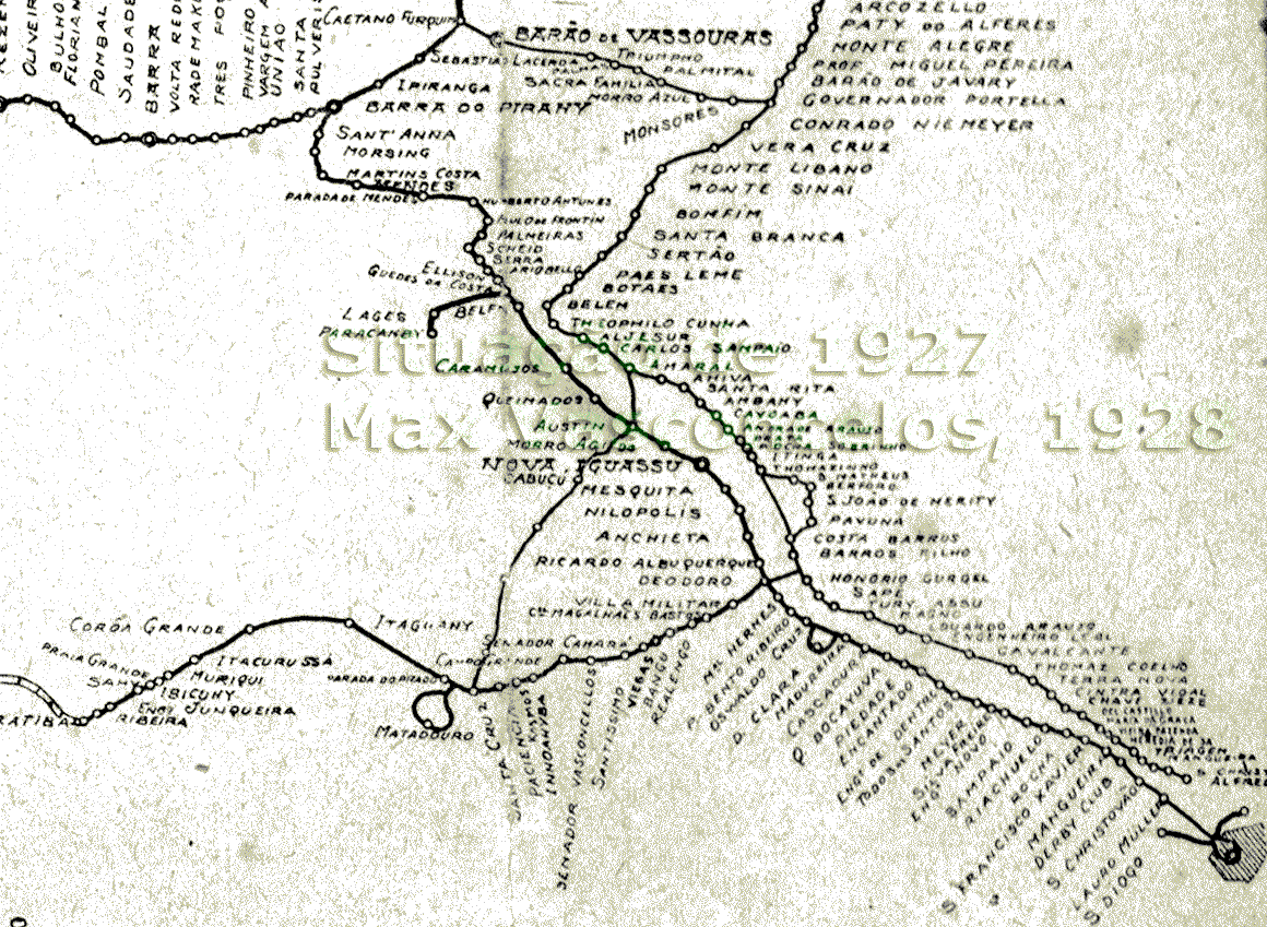 Mapa esquemático das estações da Estrada de Ferro Central do Brasil em 1927 — do Rio de Janeiro a Barra do Piraí e Governador Portela; e outros trechos ferroviários próximos