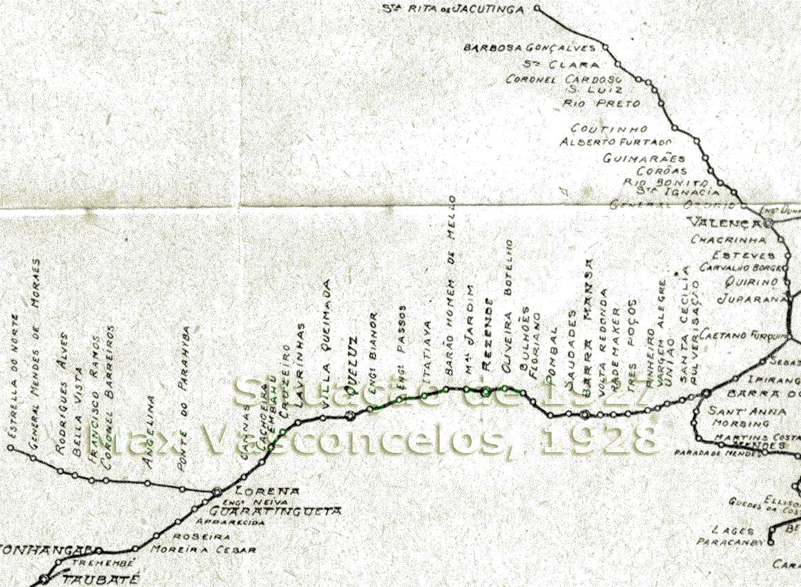 Mapa esquemático das estações da Estrada de Ferro Central do Brasil no Ramal de São Paulo em 1927 - trilhos de Barra do Piraí a Tubaté; Sub Ramal de Piquete; e Ramal de Jacutinga