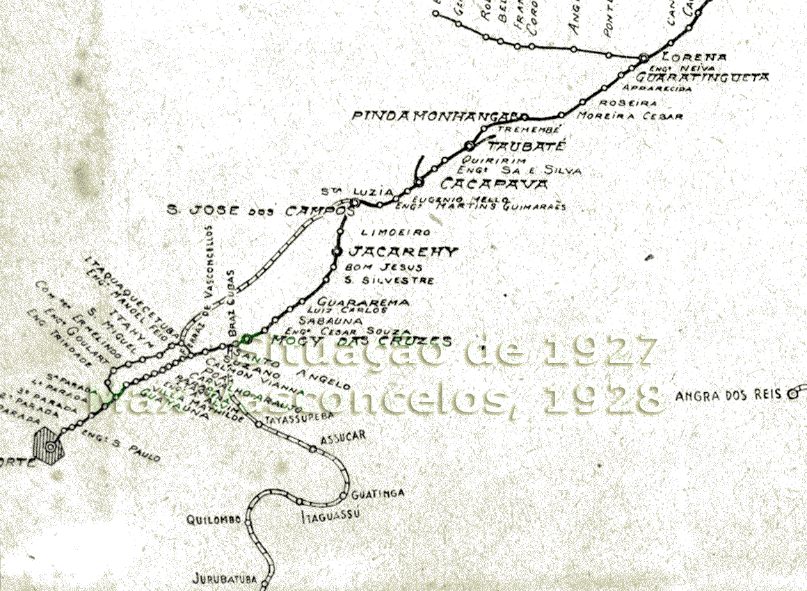 Mapa esquemático das estações da Estrada de Ferro Central do Brasil no Ramal de São Paulo em 1927 - trilhos de Lorena a São Paulo; variante do Tietê; Sub Ramal de Piquete
