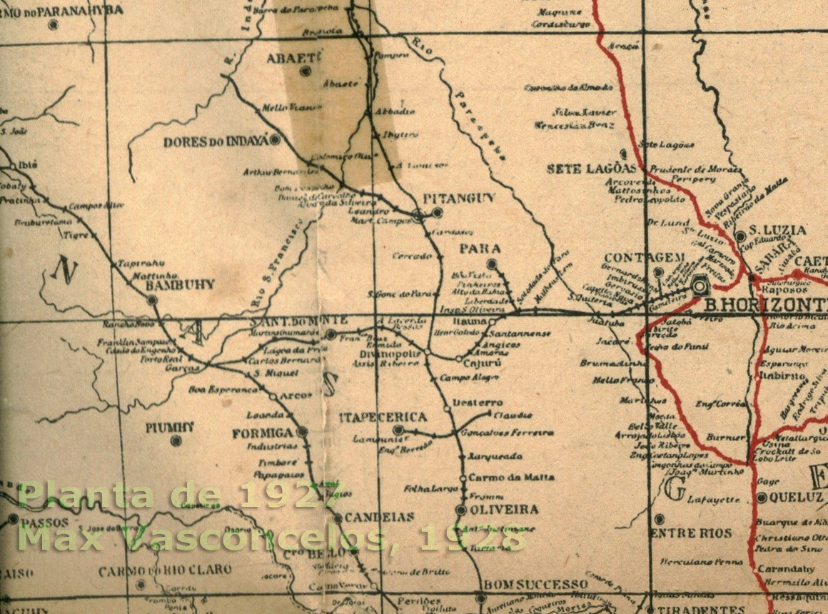 Mapa das conexões da Estrada de Ferro Central do Brasil com a Estrada de Ferro Oeste de Minas, a oeste de Belo Horizonte em 1927