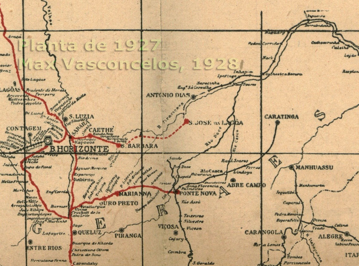 Mapa das Conexões da Estrada de Ferro Central do Brasil com a Estrada de Ferro Vitória a Minas e com a Estrada de Ferro Leopoldina em Ponte Nova em 1927