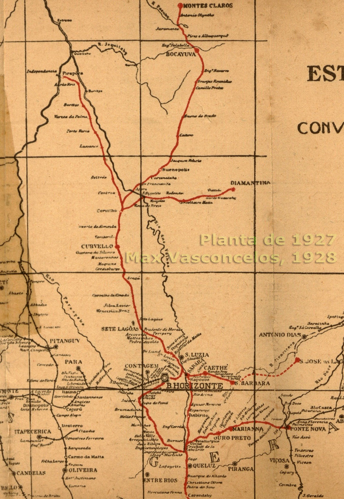 Mapa dos trilhos da Estrada de Ferro Central do Brasil ao norte de Belo Horizonte em 1927