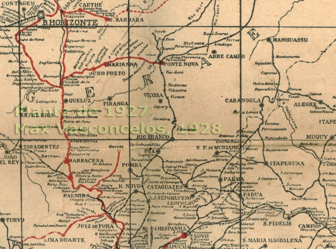 Mapa das Linhas da Estrada de Ferro Leopoldina que se conectavam à Estrada de Ferro Central do Brasil a leste de Juiz de Fora e Belo Horizonte, até Porto Novo e Ponte Nova em 1927