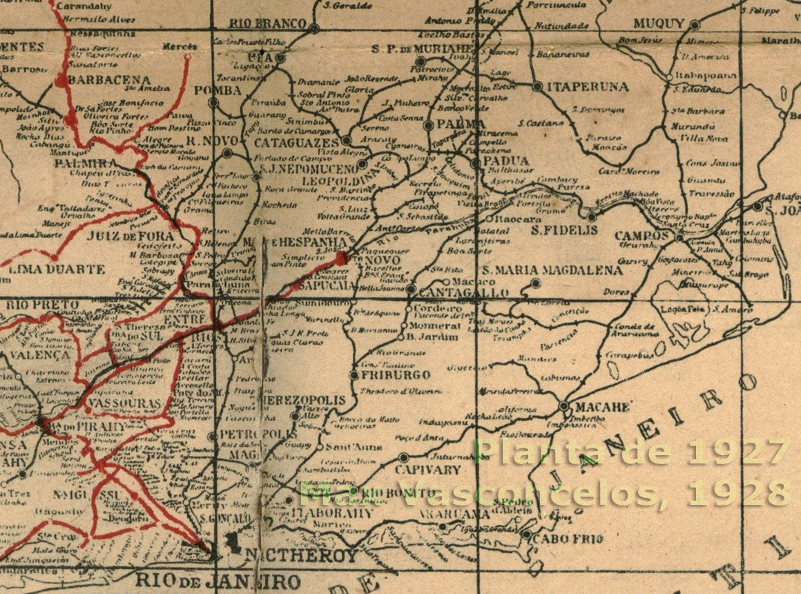 Mapa das ferrovias da Leopoldina fluminense e Zona da Mata mineira que se conectavam a leste da Estrada de Ferro Central do Brasil entre Rio de Janeiro e Barbacena em 1927