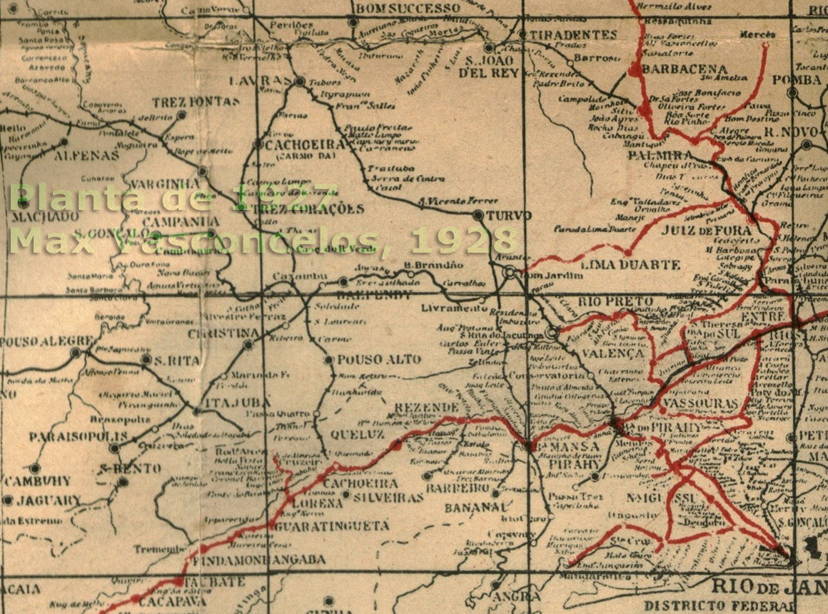 Mapa das Ferrovias de São Paulo, Rio de Janeiro e Sul de Minas que se conectavam à Estrada de Ferro Central do Brasil entre Pindamonhangaba e Barbacena em 1927