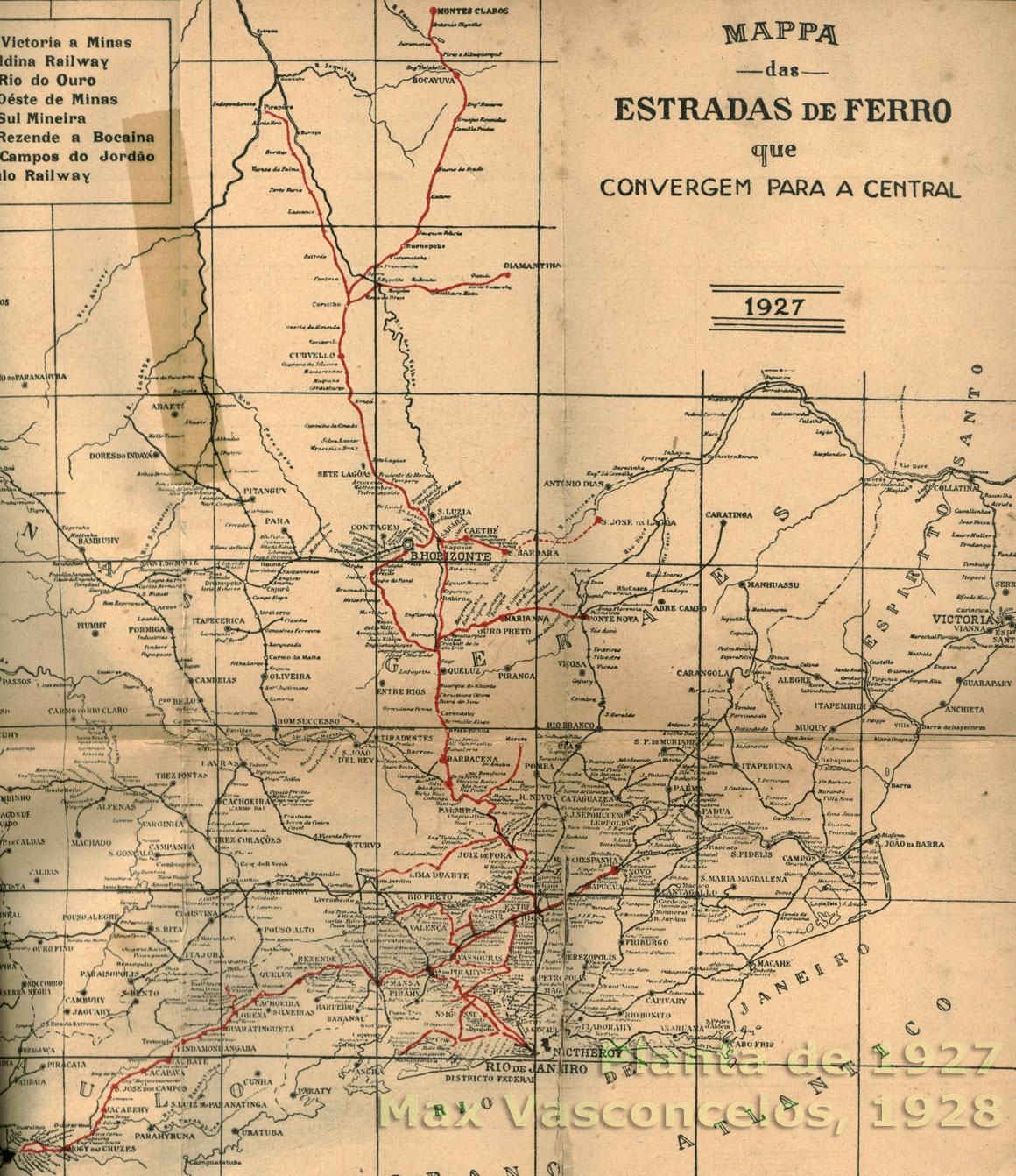 Mapa da Estrada de Ferro Central do Brasil e das ferrovias convergentes em 1927, com links para os mapas parciais ampliados