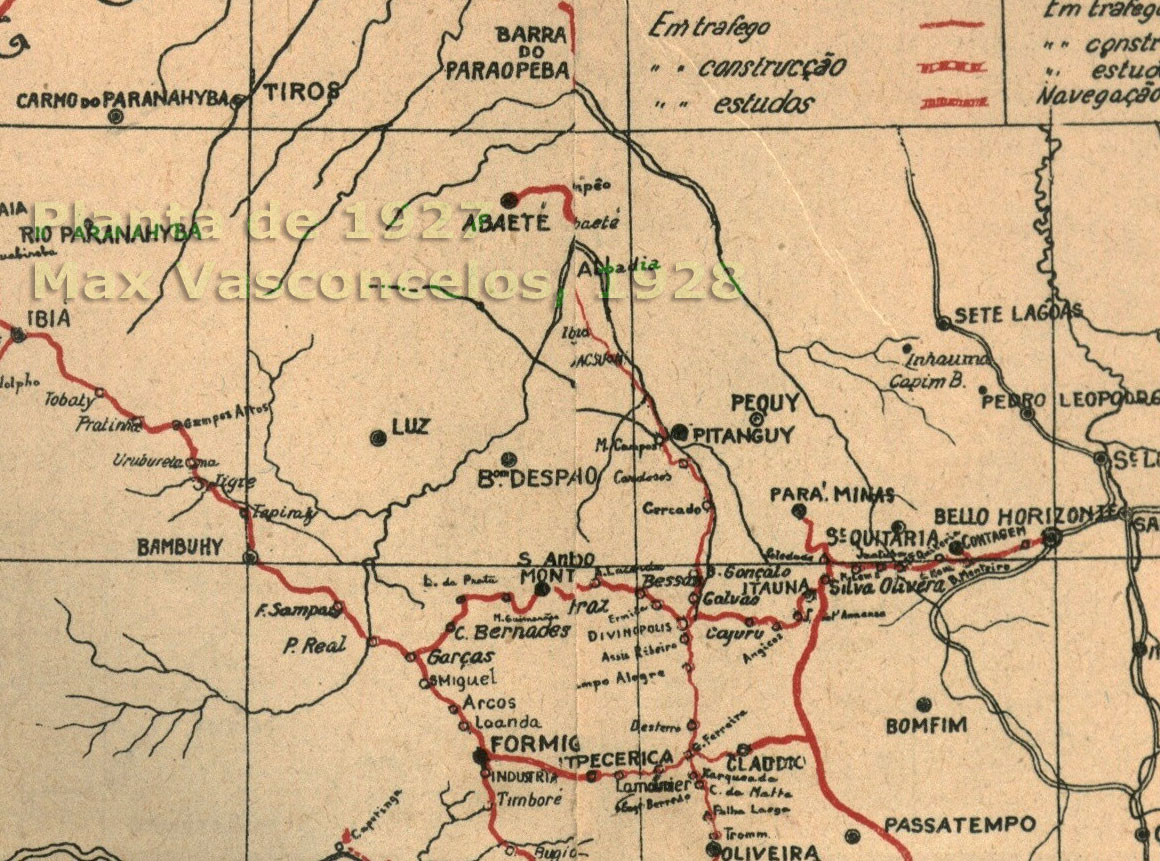 Mapa dos trilhos da EFOM - Estrada de Ferro Oeste de Minas a oeste de Belo Horizonte, em 1927