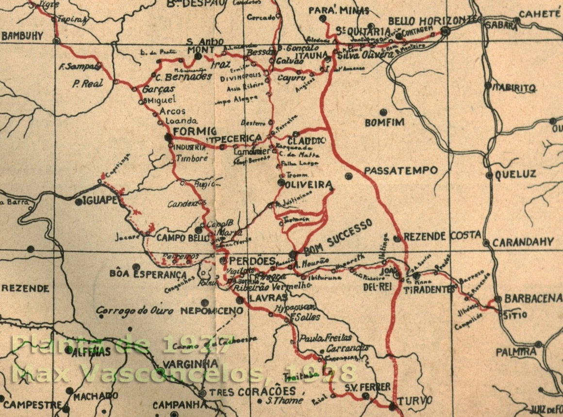 Mapa dos trilhos da EFOM - Estrada de Ferro Oeste de Minas ao sul de Belo Horizonte, em 1927