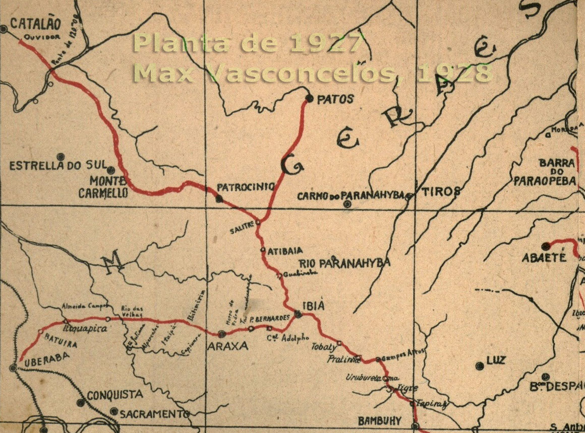 Mapa da EFOM - Estrada de Ferro Oeste de Minas no Triângulo Mineiro, de Ibiá a Uberaba e a Ouvidor (GO), em 1927