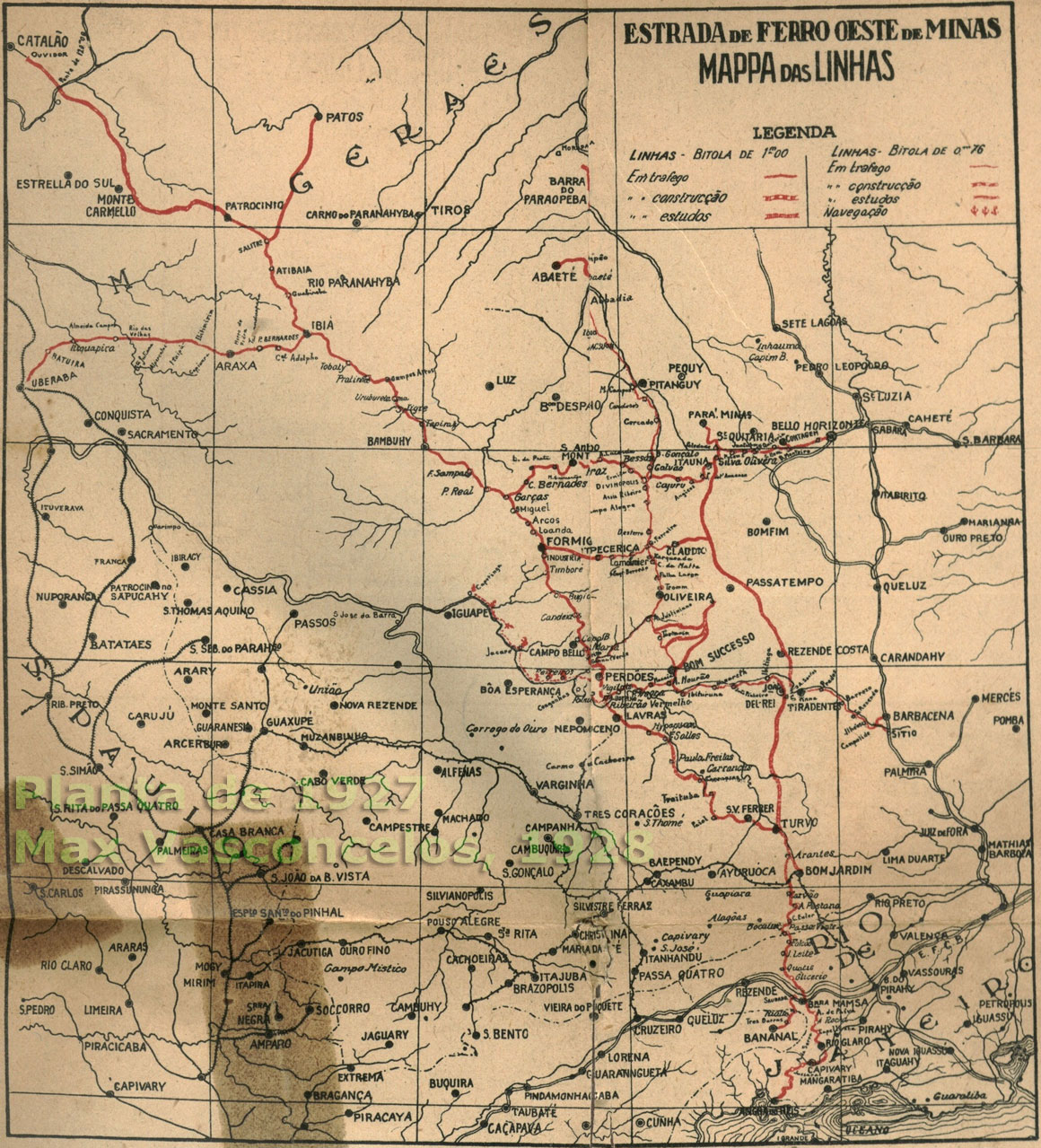 Vista reduzida do mapa geral da EFOM - Estrada de Ferro Oeste de Minas em 1927