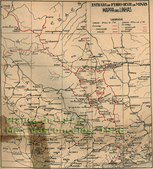 Mapa reduzido da EFOM - Estrada de Ferro Oeste de Minas, em 1927, com links para os mapas parciais dos trilhos