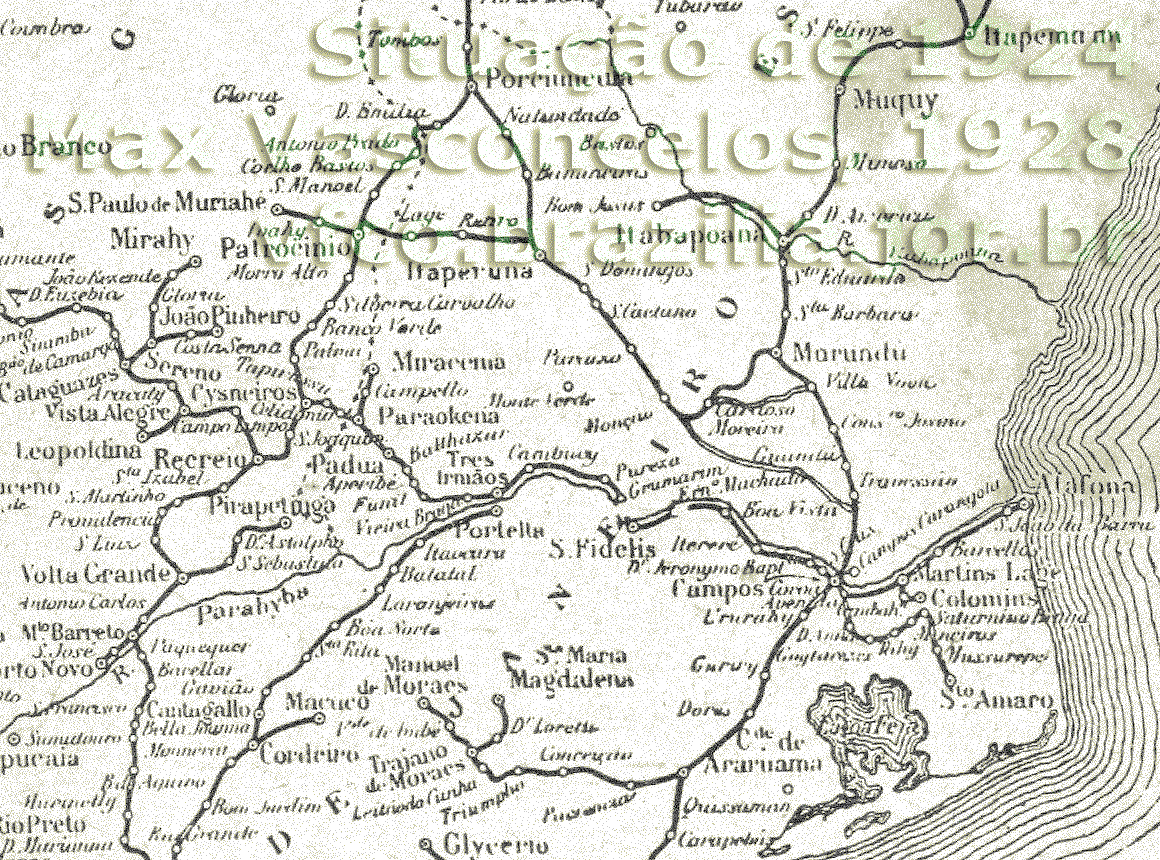 Mapa das ferrovias da Leopoldina da região de Campos (RJ) a Itapemirim (ES) e outras linhas próximas, em 1924