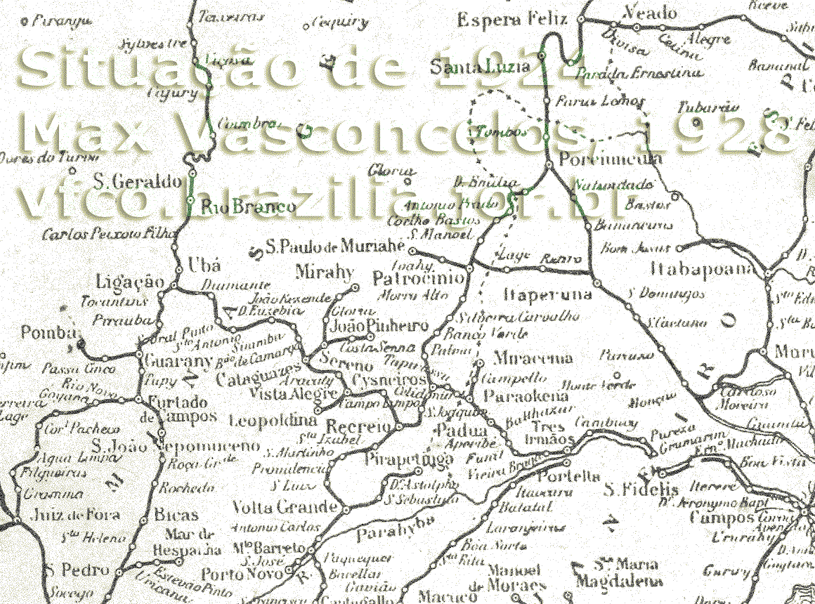 Mapa das ferrovias da Leopoldina de Campos a Ubá; de Cisneiros a Espera Feliz e linhas mais próximas