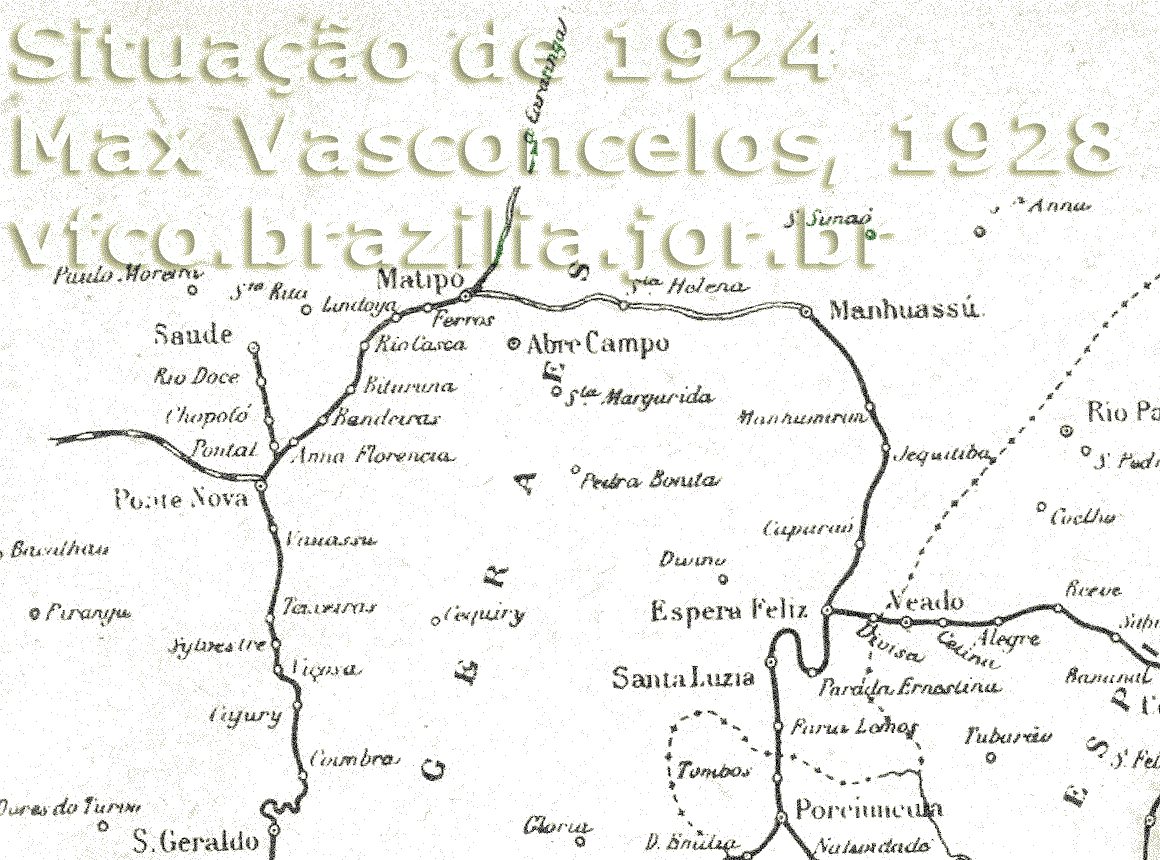 Mapa das ferrovias da Leopoldina de São Geraldo a Ponte Nova; de Porciúncula a Manhuaçu; e trechos em projeto até Caratinga