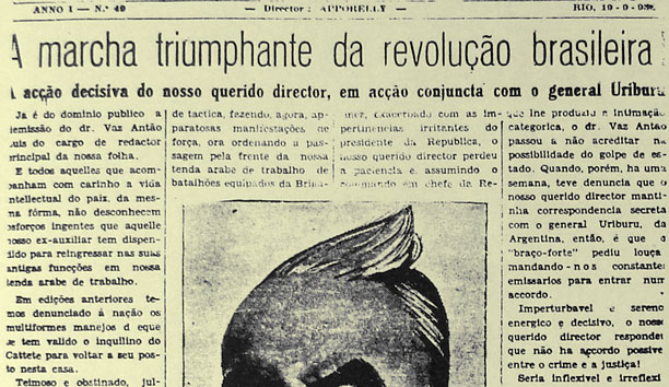 Jornal "A Manha" estampa em manchete a liderança do Barão de Itararé no comando da Revolução contra o governo de Washington Luís